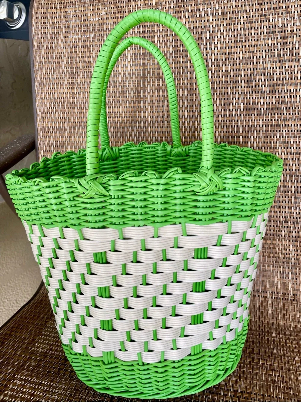 Bright Green & White Woven Tote Bag